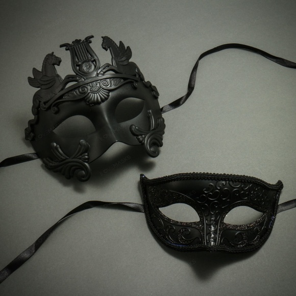 Sexy Black Venetian Warrior Pegasus Masquerade Couple Party Dance Eye Masks - Picture 1 of 1